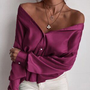 Button Up Solid Shirt Red Violet